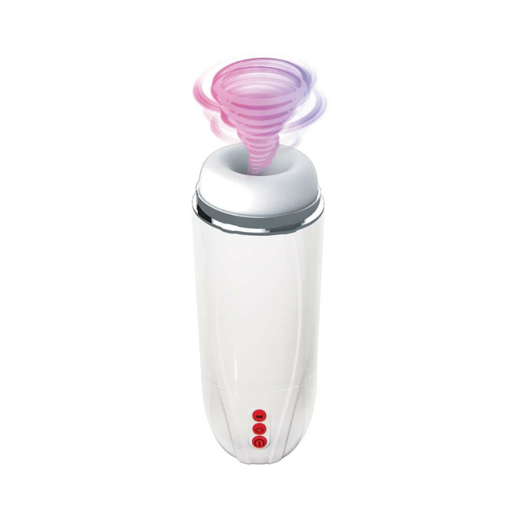 White cylindrical vibrating cocksucker with red control buttons and swirling pink and purple vortex at the opening