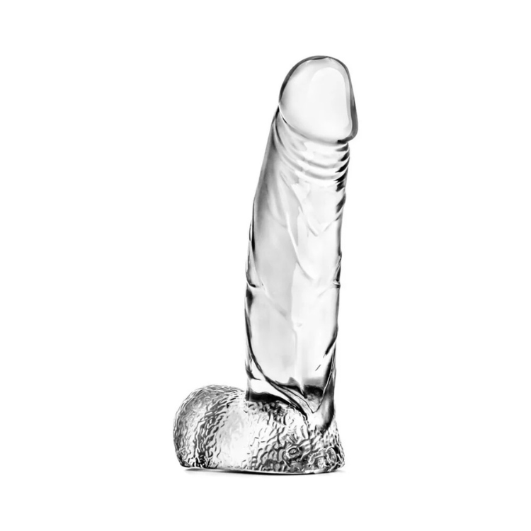 Clear realistic silicone adult novelty toy with textured base on white background