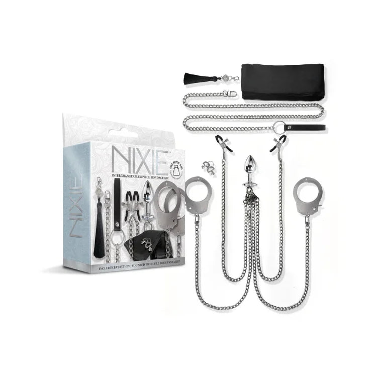 Nixie interchangeable piece bondage kit with metal handcuffs, chains, and accessories.