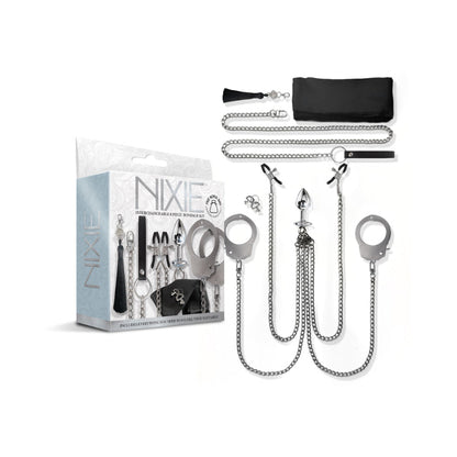 Global Novelties Nixie Metal Bondage 8-Piece Kit in Silver with handcuffs and restraints