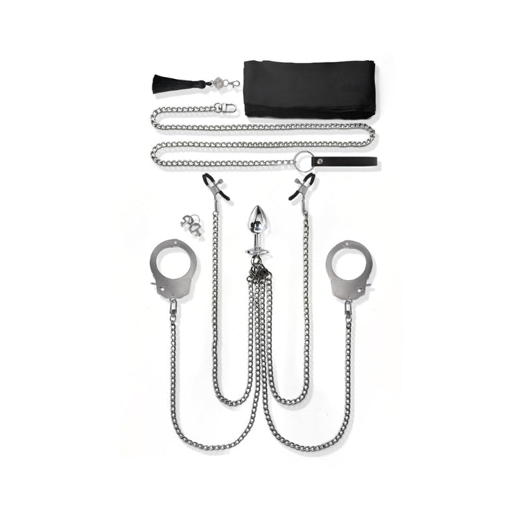 Nixie Metal Bondage 8-Piece Kit Silver by Global Novelties featuring handcuffs and chains.