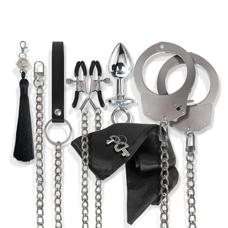Global Novelties Nixie Metal Bondage 8-Piece Kit in silver featuring handcuffs and restraints