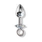 Silver metal bondage plug from Global Novelties Nixie kit with a ring base