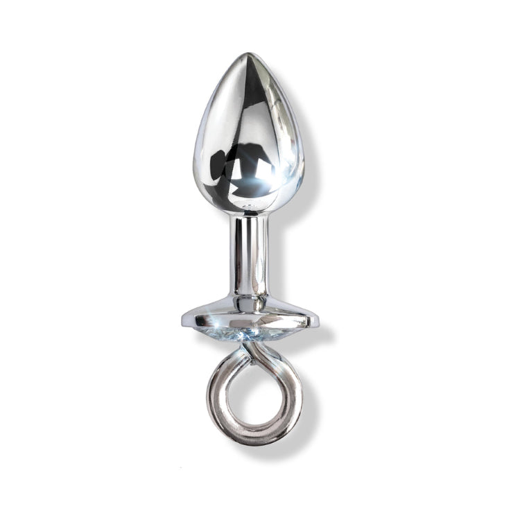 Silver metal bondage plug from Global Novelties Nixie kit with a ring base