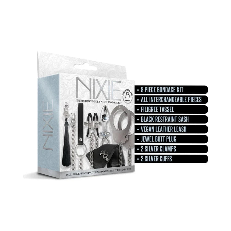 Global Novelties Nixie 8-Piece Silver Metal Bondage Kit in packaging