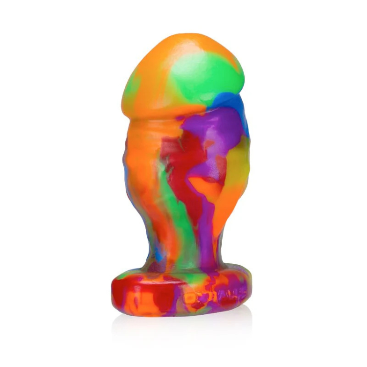 Medium size rainbow silicone plug with bulbous shape and flared base on white background