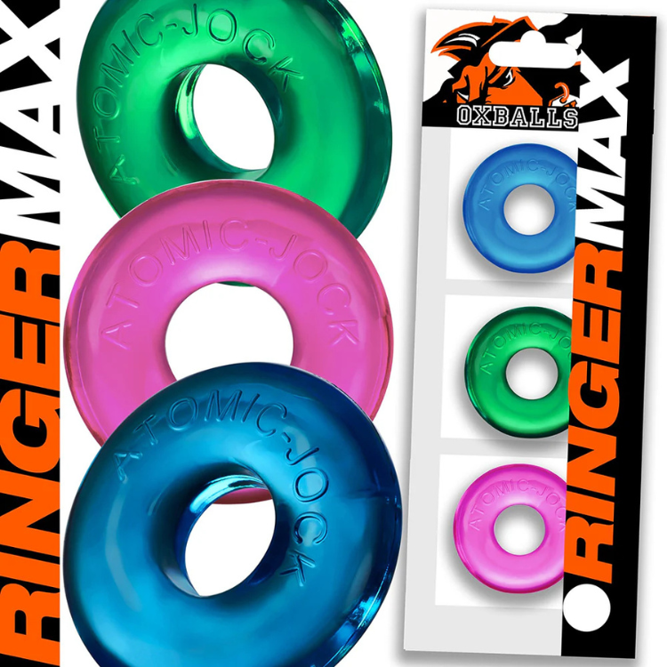 Pack of three neon silicone rings in blue, green, and pink with clear Atomic Jock embossing.