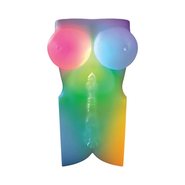 Rainbow-colored silicone adult toy with dual stimulation design
