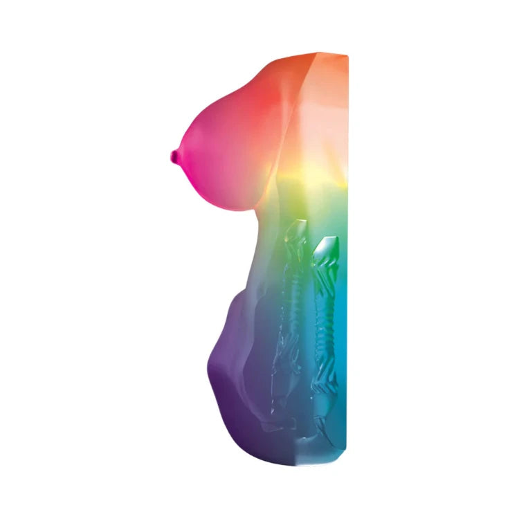 Rainbow gradient silicone breast form with internal ribbed texture for intimate wellness