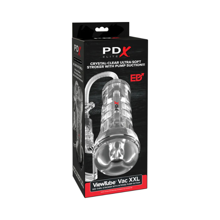 Crystal-clear ultra-soft see-thru stroker with pump suction in retail packaging.