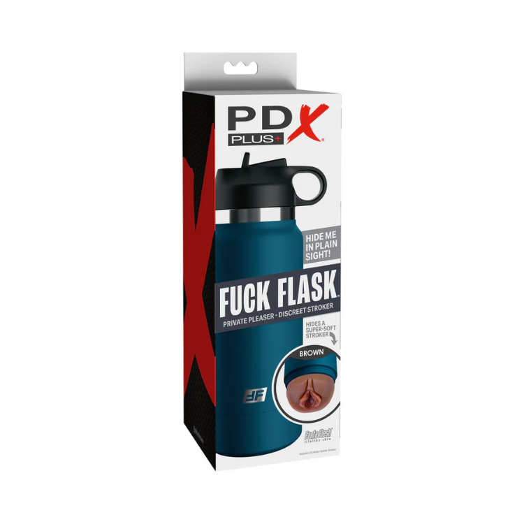 Blue discreet stroker flask in packaging, labeled for private adult pleasure use.