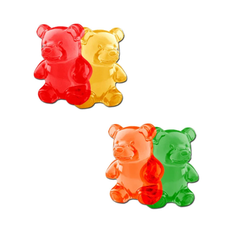 Colorful gummy bear-shaped adult toys in red, yellow, orange, and green for playful intimacy.