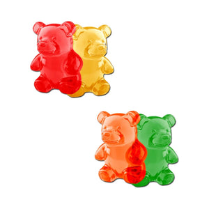 Colorful gummy bear-shaped adult toys in red, yellow, orange, and green for playful intimacy.