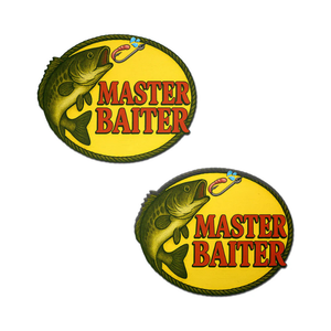 Yellow oval nipple covers with bass fish graphic, fishing lure, and 'Master Baiter' text.