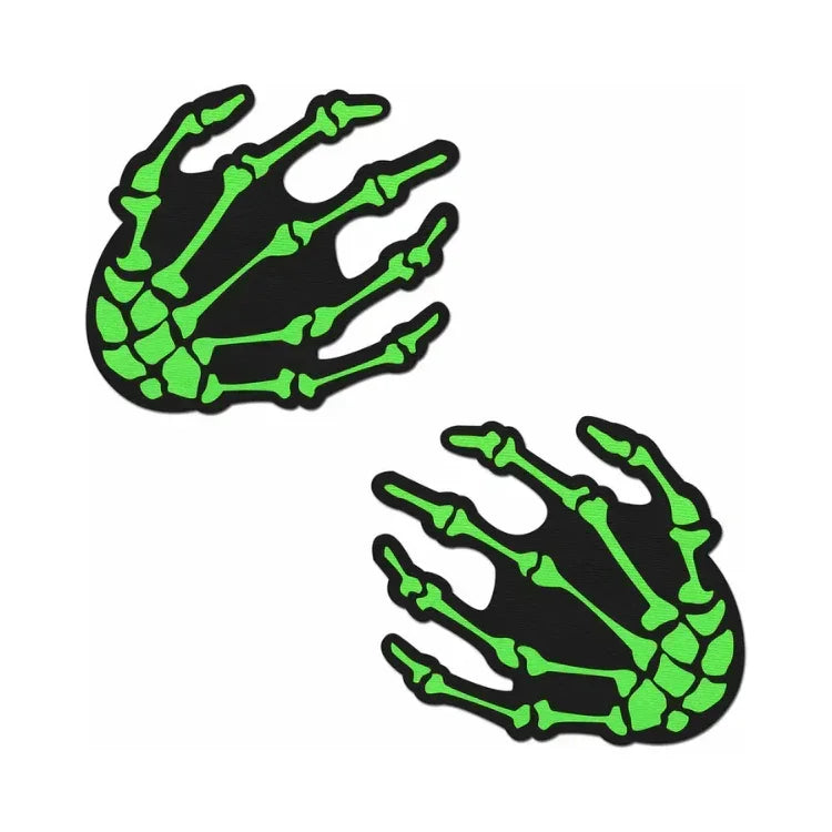 Pastease Zombie Neon Green/UV Reactive Boney Hands Nipple Pasties - House of Vices 