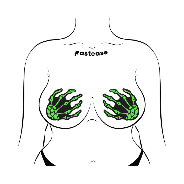 Pastease Zombie Neon Green/UV Reactive Boney Hands Nipple Pasties - House of Vices 