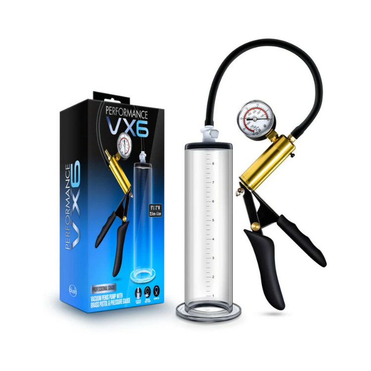 Clear vacuum pump with brass pistol grip, pressure gauge, and retail box on white background
