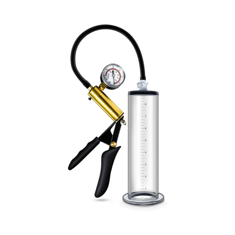 Vacuum pump with brass pistol grip, pressure gauge, and clear measurement cylinder