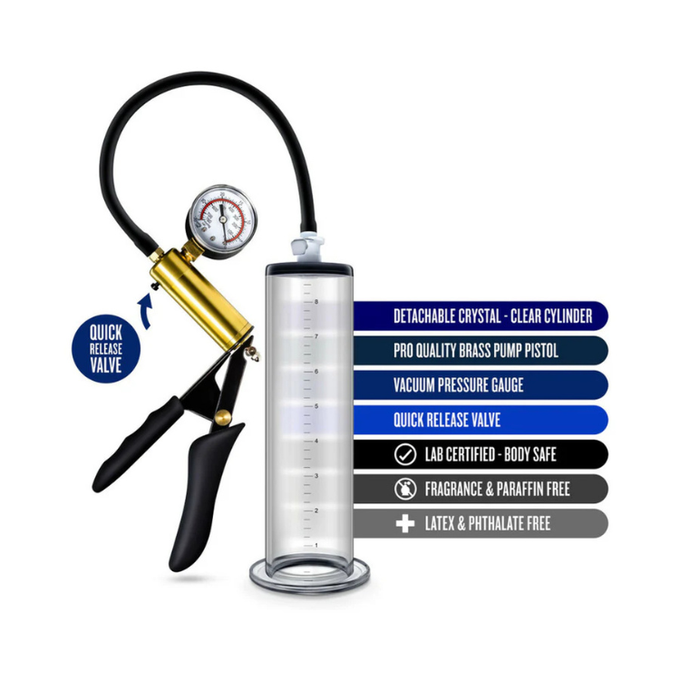 Clear vacuum pump with brass pistol grip, pressure gauge, and measurement markings.