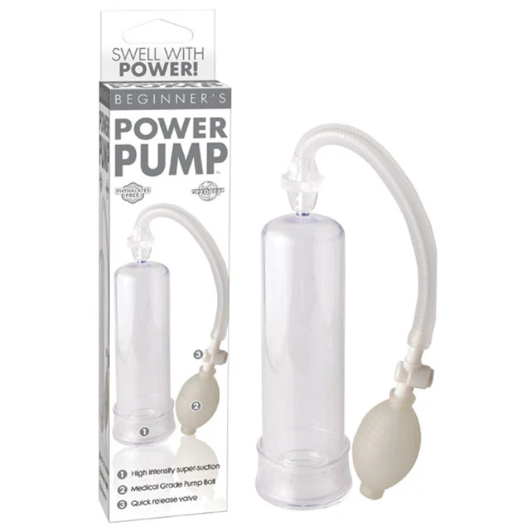 Beginner power pump with clear cylinder, hose, and manual pump bulb, shown with packaging.