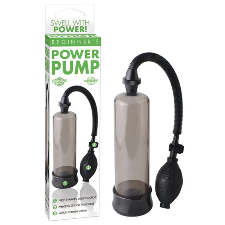 Beginner's power pump with smoke-colored cylinder, flexible hose, and quick-release valve beside retail packaging.