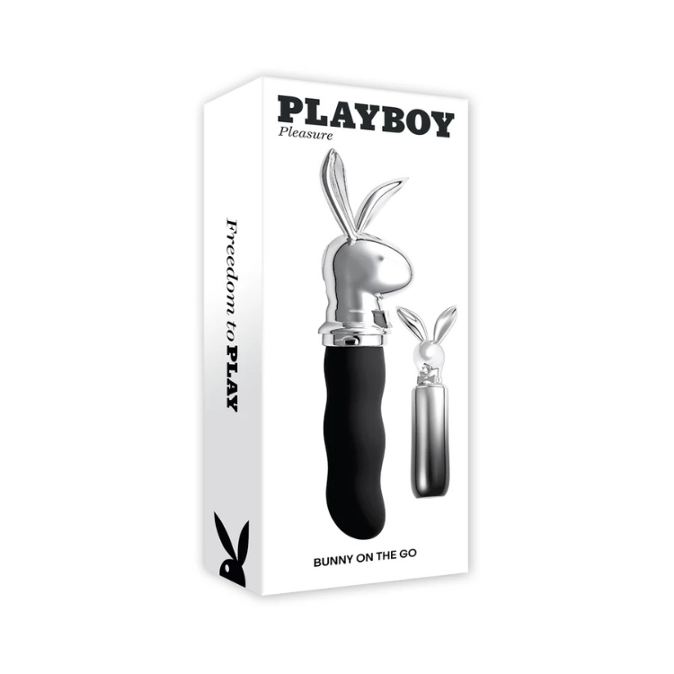 Playboy Pleasure Bunny On The Go black and chrome vibrator in packaging with bunny ears design