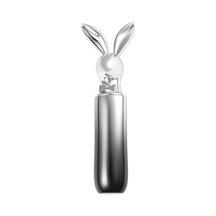 Shiny chrome Playboy Bunny-shaped design on a sleek hematite metallic tube against white background