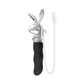 Silver bunny-shaped vibrator with black ergonomic handle and USB-C charging cable