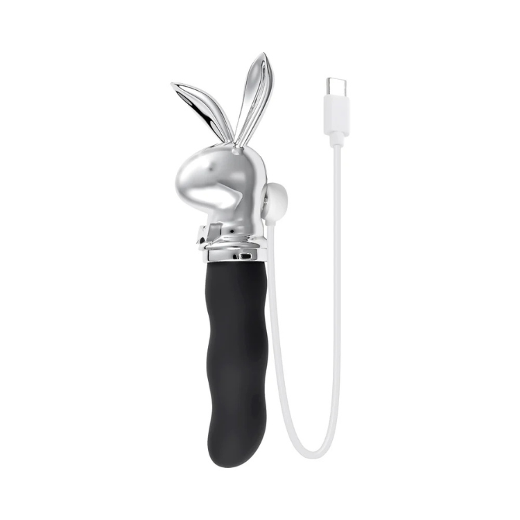 Silver bunny-shaped vibrator with black ergonomic handle and USB-C charging cable