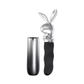 Chrome Playboy Bunny themed personal massager with black silicone handle and metallic silver cap