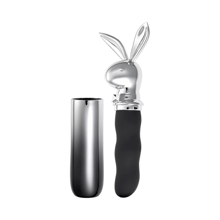 Chrome Playboy Bunny themed personal massager with black silicone handle and metallic silver cap