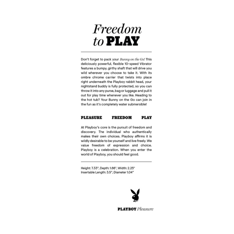 Product description of Playboy Bunny On The Go 10-speed vibrator with chrome carrier, emphasizing freedom and play
