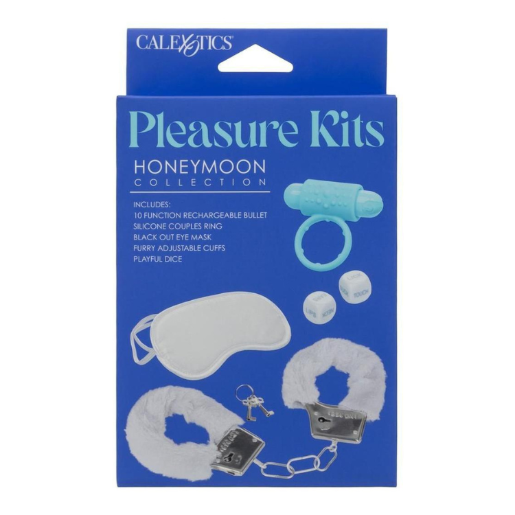 Calexotics Honeymoon Pleasure Kit with bullet, cuffs, eye mask, dice, and ring for couples