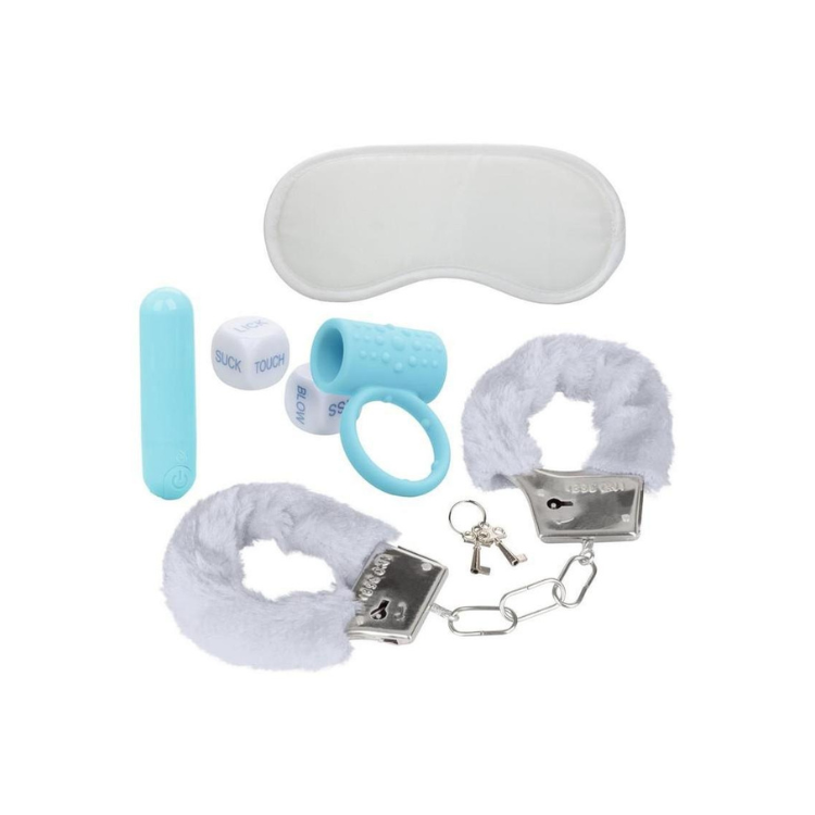 Blue and white adult toy set with blindfold, handcuffs, and dice for intimate play