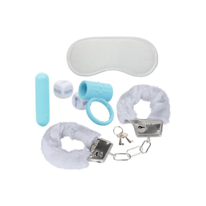 Blue and white adult toy set with blindfold, handcuffs, and dice for intimate play