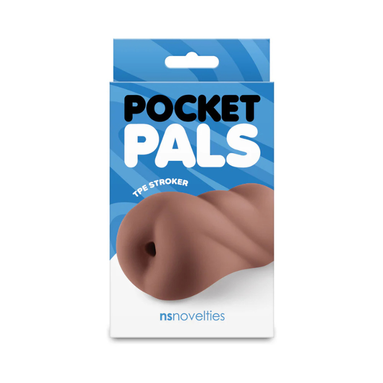 Pocket Pals TPE stroker in brown on retail packaging, adult product for pleasure.