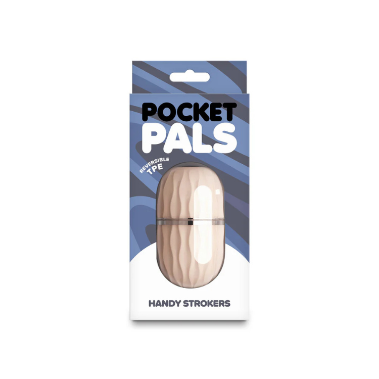 Pocket Pals reversible TPE handy stroker in textured beige case, product packaging front view