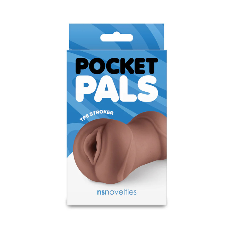 Brown realistic stroker toy in packaging labeled Pocket Pals TPE Stroker, nsnovelties.