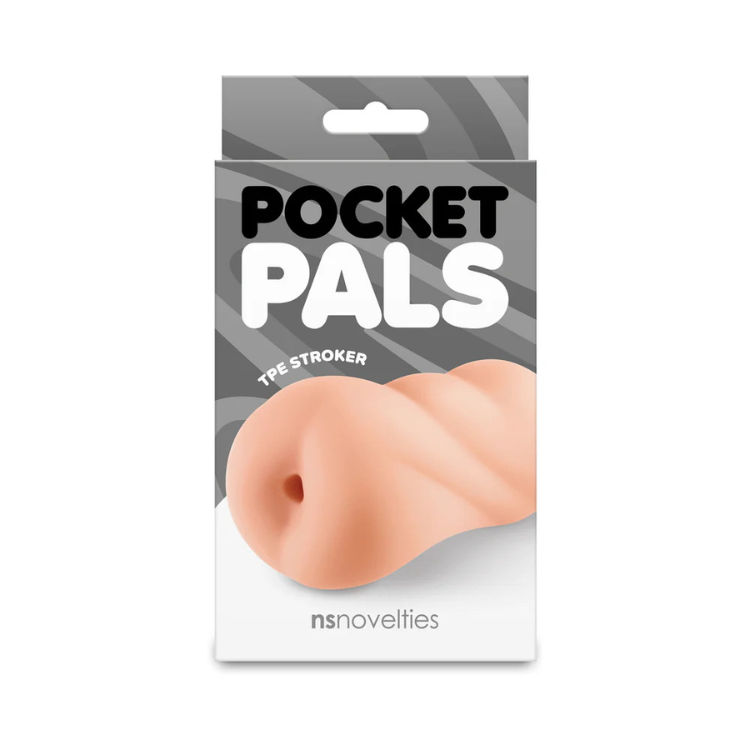 Pocket Pals TPE stroker in tan color, packaged adult toy with swirled texture design