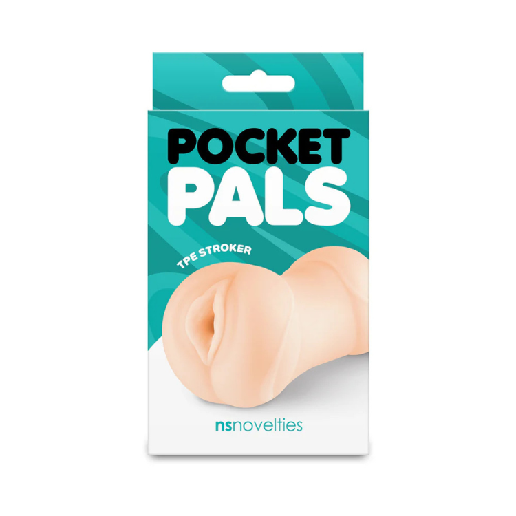 Beige pocket-sized realistic stroker for men in retail packaging, labeled TPE Stroker.