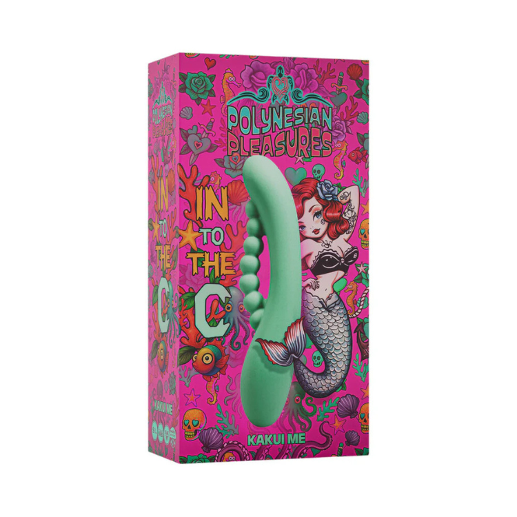 Aqua green silicone adult toy in colorful Polynesian Pleasures mermaid-themed packaging.