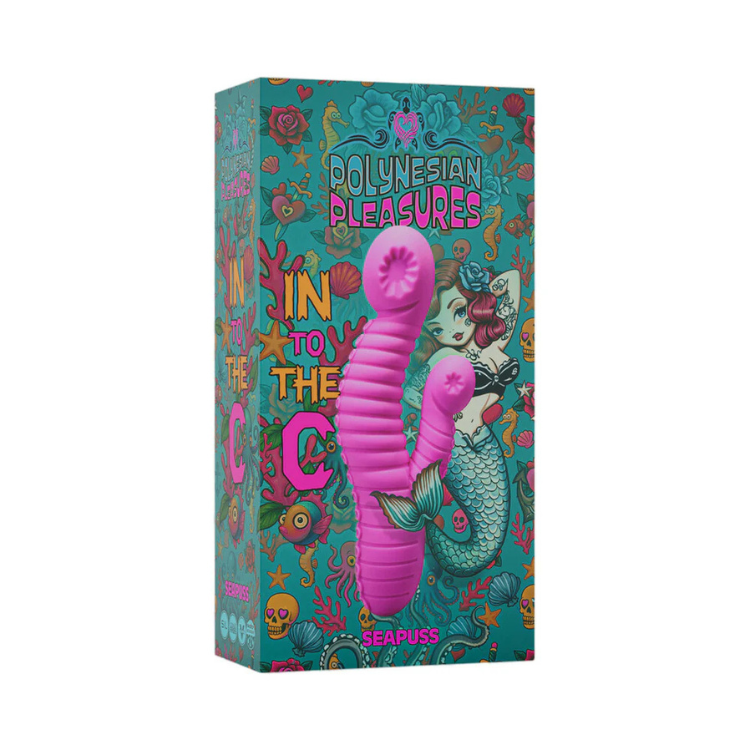 Purple dual-stimulation vibrator in colorful mermaid-themed Polynesian Pleasures packaging