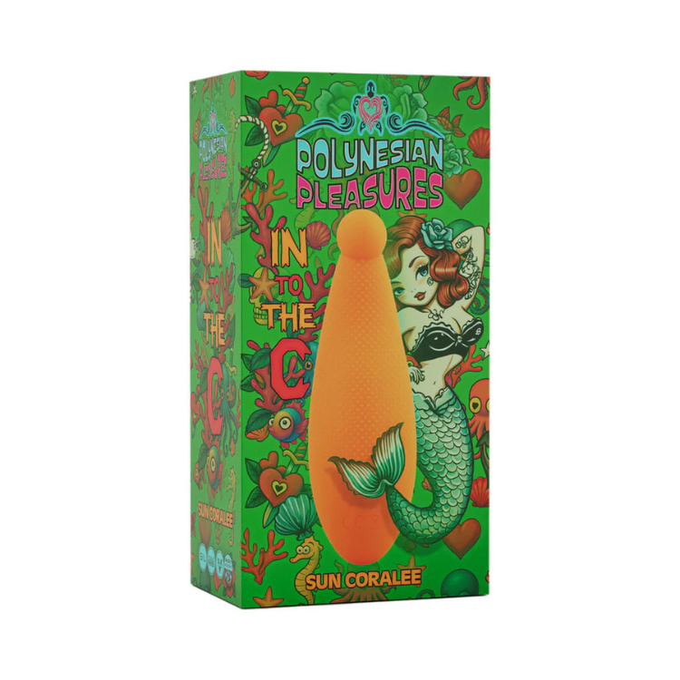 Orange mermaid-tail adult toy in colorful Polynesian-themed box, Sun Coralee edition.