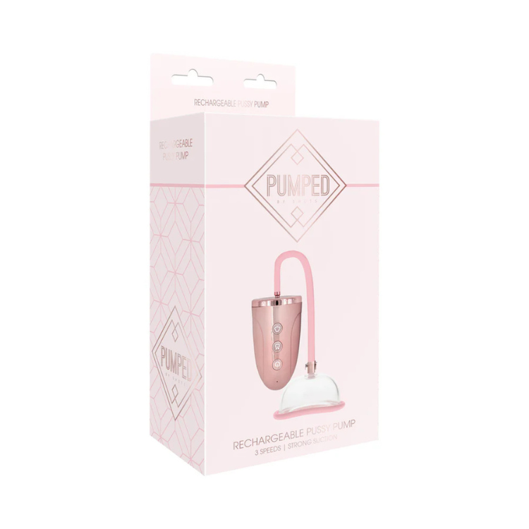 Pink rechargeable intimate suction pump in retail packaging with three speed settings.