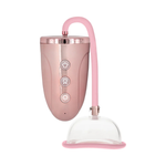 Rechargeable pink suction pump with three control buttons and clear silicone cup
