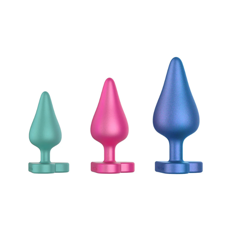 Set of three colorful silicone wellness plugs in teal, pink, and blue, House of Vices.