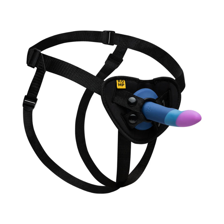ROMP harness kit with blue and purple silicone toy, adjustable black straps, House of Vices