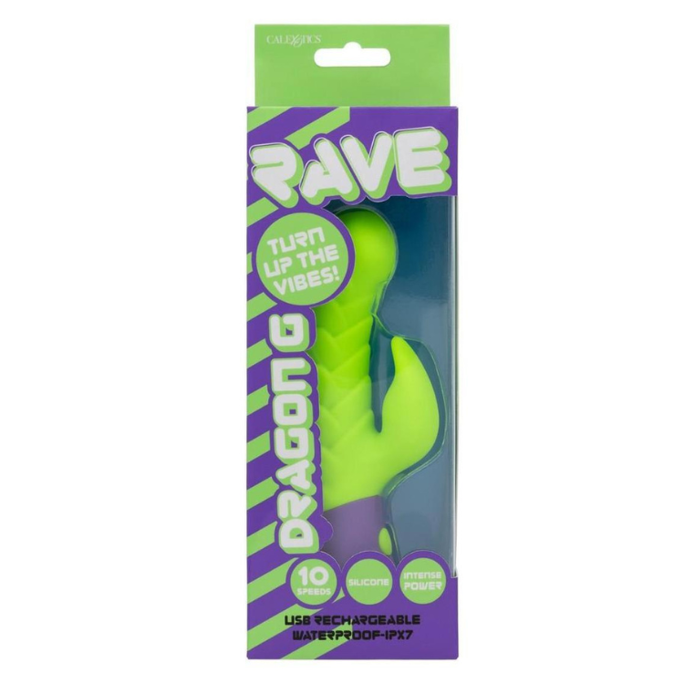 Green and purple silicone rechargeable rabbit vibrator in retail packaging, House of Vices wellness product