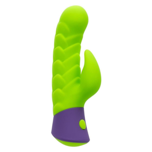 Green and purple rechargeable silicone rabbit vibrator with textured shaft, House of Vices