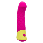 Pink and yellow quilted silicone rechargeable personal massager with curved tip
